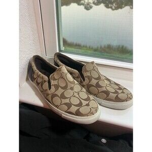 COACH Alegra Slip On Sneakers with Signature Logo in Brown & Tan Size 8.5 B